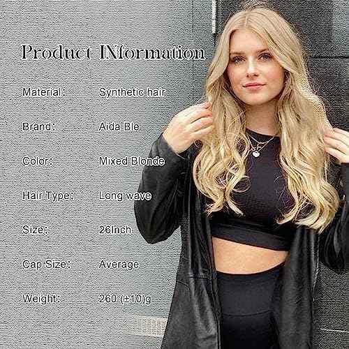 Mixed Blonde Long Wave Wig for Women -26inch Middle Part Long Curly Wig Heat Resistant Synthetic Hair Looking Natural, Fiber Wig for Daily Party Use