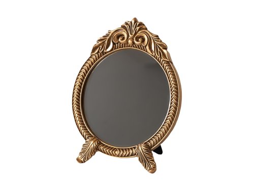 HSDDHOME Small Round Gold Vintage Vanity Mirror – 9.5" x 12.5" Small Baroque Desktop Mirror, Antique Freestanding Dressing Table Mirror for Bedroom, Living Room, and Countertop Décor