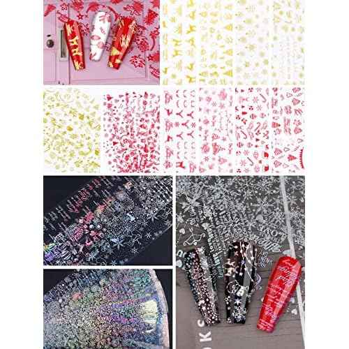Kalolary 100 Sheets Christmas Nail Foil Transfer Stickers, Snowflakes Snowman Santa Claus Holographic Laser Nail Art Foils Decals for New Year Winter Nail Art Decoration