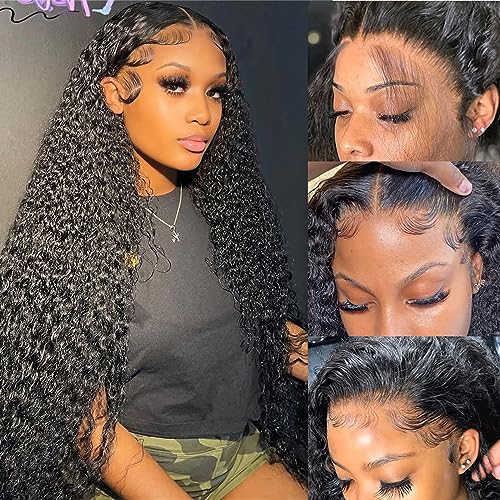 Deep Wave Lace Front Wigs Human Hair 180 Density 13x4 HD Transparent Frontal Wigs Human Hair for Women Deep Curly Glueless Wigs Human hair Pre Plucked with Baby Hair Natural Black 20Inch