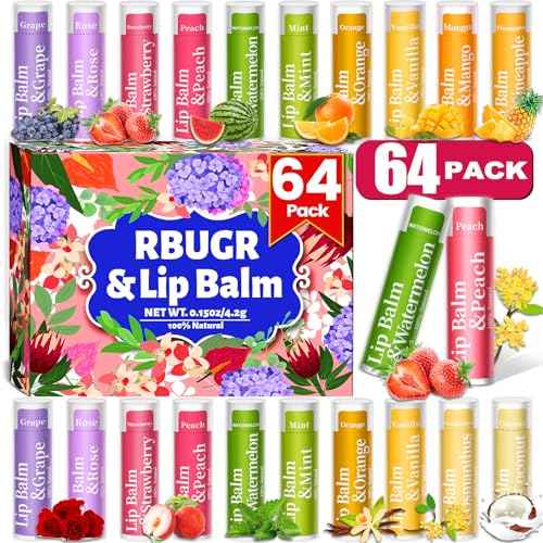64 Pack Lip Balm, 12 Flavored Organic Natural Lip Balm Bulk Set with Coconut Oil, Moisturizing Lip Balms for Dry Cracked Lips,Bulk Lip Balms Hydrating for Gifts Party Favors(4.2g/0.15oz)