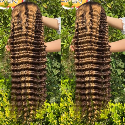 Ombre Honey Blonde Wear and Go Glueless Deep Curly Wave Lace Front Wigs Human Hair Highnight HD Lace Front Wigs Human Hair 4/27 Frontal Wigs Human Hair Curly Wigs 200% Density 16 Inch