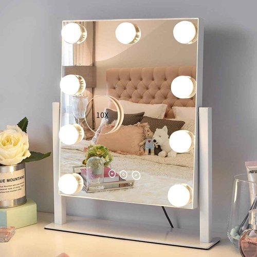 Vanity Mirror with Lights,Lighted Vanity Mirror with 9 Dimmable Bulbs for Dressing Room & Bedroom,3 Color Lighting,Modes Detachable 10x Magnification 360°Ratation(White)