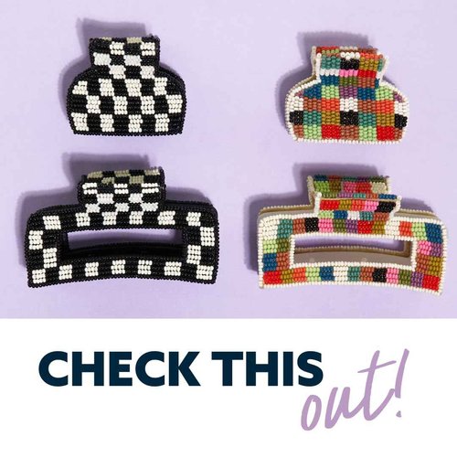 INK+ALLOY Beaded Hair Clips, Lola Large Statement Boho Cute Claw Clips for Women, Secure Hold for Thin & Thick Hair, Handmade Accessories for the Modern Bohemian, 3.5-Inches (Black & White Checkered)