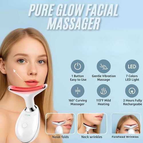 Face and Neck Massager with 7 Colors LED Light Therapy, Multi-Functional, Skincare Tool for Wrinkles & Relaxation,Facial Massager