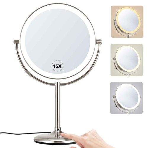 M MIVONDA Makeup Mirror with Lights,1X/15X Brushed Nickel Large Magnifying with Light, 360°Double Side Mirror,3 Color Lights & Adjustable Brightness Vanity Mirror,Gift for Christmas Day