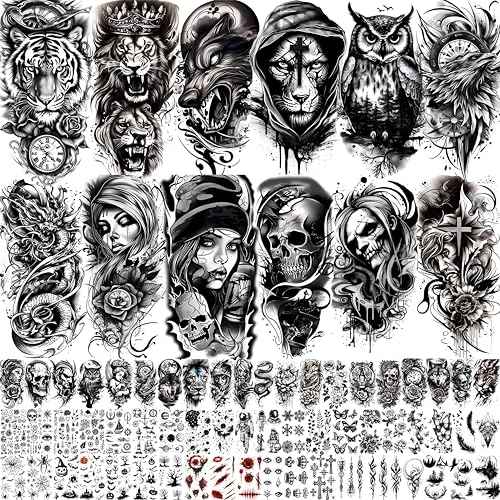72 Sheets Halloween Temporary Tattoos for Men Women Adults - Black 3D Realistic Scary Animals Skulls Scars, Fake Tattoos Set for Cosplay Arm Sleeve Neck, Waterproof Long-Lasting Body Tattoo Sticker