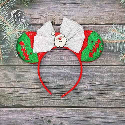 Christmas Mouse Ears Hair Band Bow Headbands Xmas Headwear, Santa Claus Hair Hoop Princess Head Bopper Cosplay Costume Tiara (Red Green White)