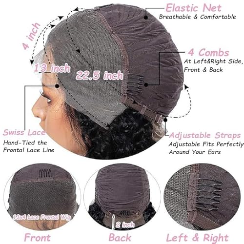 20 Inch Deep Wave Lace Front Wigs Human Hair 13x4 Deep Curly Human Hair Wig Pre Plucked 180% Density HD Transparent Lace Front Wigs for Black Women Deep Wave Frontal Wigs Natural Black