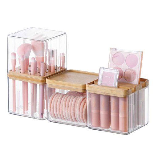 Makeup Brush Holder Comb with Cover Makeup Containers Organizers Set Makeup Holder Box Cosmetic Case With Lid Waterproof Dustproof Beauty Skincare Organizer Bathroom Vanity Countertop,Gift,Clear，3PCS