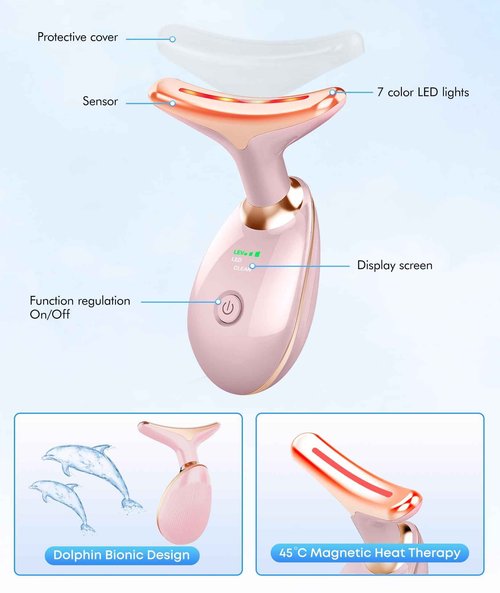 SDKWDH Red-Light-Therapy-for-Face-and-Neck, 7 Color Face Massager Tool for Wrinkles, Double Chin, Vibrating Facial Massager with Thermals for Skin Care, Glossy Pink