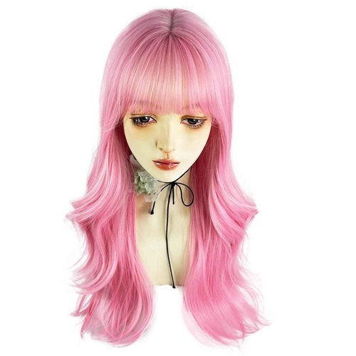 WKLOUYHE Pink Long Wavy Wigs with Bangs for Women - Loose Wavy Synthetic Cosplay Wig for Girl - Colorful Costume Wigs
