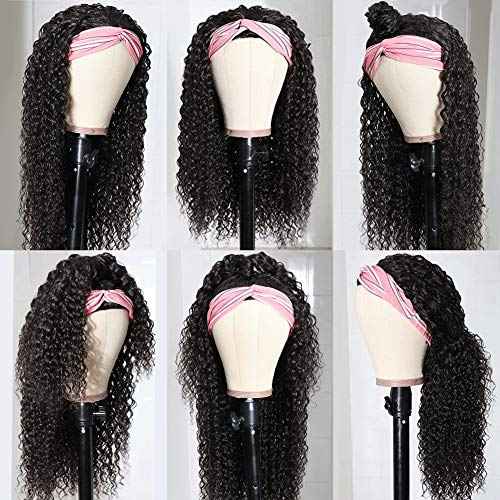 Eooma Curly Headband wig Human Hair 16 inch No Gel Kinky Curly Headband Wigs for Black Women 180 Density Scarf None Lace Front Wigs Human Hair