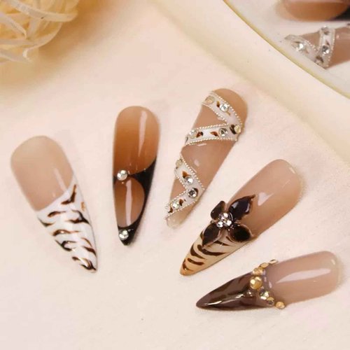 100% 5D Handmade Press on Nails with Charms Long Stiletto Nails Press ons- Fall False Nails Leopard French tip Press on Nails Autumn Fake Nails for Women Girls Daily Wear DIY Manicure Size M