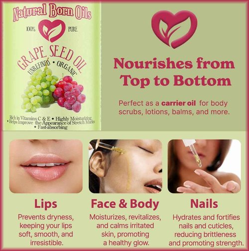 Natural Born Oils Grape Seed Oil, 1 Gallon, Organic, Cold-Pressed, Nutrient-Dense, Deep Skin Nourishment, Hair Revitalization
