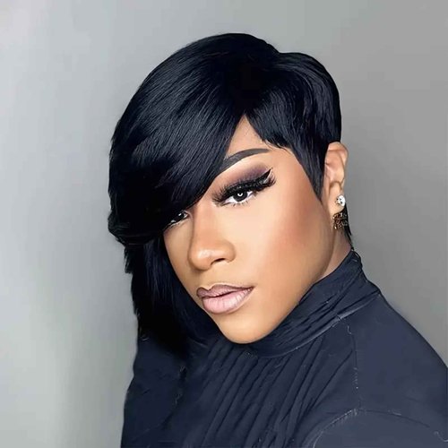 SisBroSis Chic Elegent Pixie Cut Human Hair Wigs for Women Short Layered Pixie Cut Straight Human Hair Wigs With Bangs Natural Black Color Glueless Brazilian Virgin Straight Human Hair Wig (1b)