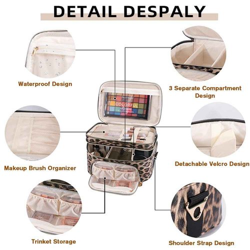 FITINI Double Layer Travel Makeup Bag,Women Cosmetic Organizer Case,Skin Care Essentials Toiletries Bags with Shoulder Strap Waterproof Brush Storage with Removable Dividers,Extra Large Brown Leopard