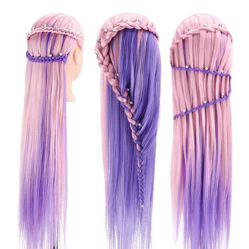 TopDirect 29" Mannequin Head with Hair,Doll Head for Cosmetology Hair Styling Training Head,Manikin Braiding Head With Clamp Holder and Styling Tools (Pink Purple)