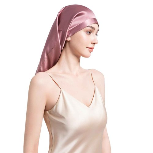 FATEGEART 19 Momme 100% Mulberry Silk Cap for Sleeping Women,Adjustable Long Silk Bonnet for Curly Hair Elastic Night Cap (US, Alpha, One Size, MauvePink)