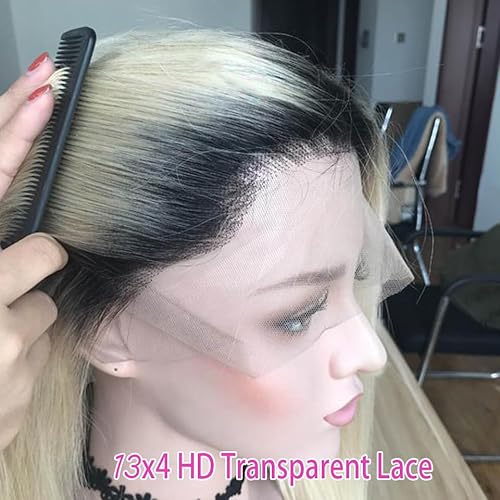 Ombre Blonde Lace Front Wigs Human Hair,13X4 HD Bob Lace Front Wigs 12" 150% Density Ombre 1B/613 2 Tone Straight Human Hair Pre Plucked with Bleached Knots lUnprocessed Virgin Hair for Women