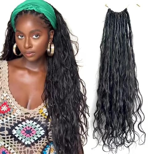 Pre-looped Crochet Boho Faux Locs with Human Hair body wave Ends Boho Hair Braids Goddess Dreadlocks Hair for Black Women Natural Color 18 Inch (Pack of 1)