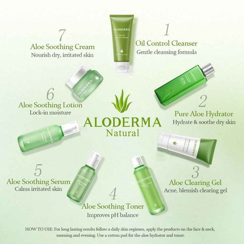 Aloderma Aloe Clearing Set - 5 Pieces - Cleanser, Soothing Cream, Aloe Vera Gel with Tea Tree Oil and Aloe Clearing Gel x2pcs
