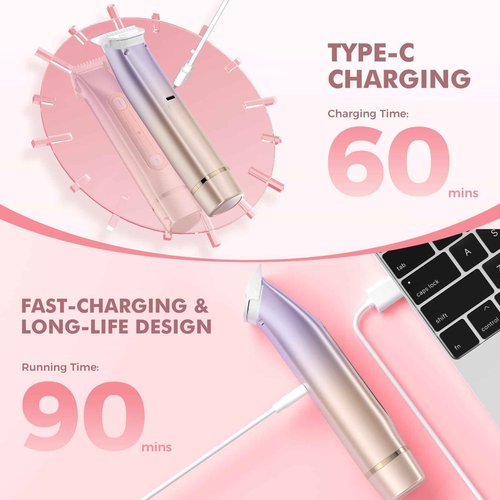 PVBKZ 2 in 1 Bikini Trimmer for Women, Dual Head Electric Razor, IPX7 Waterproof Wet/Dry Use Women Electric Shaver, Painless Body Facial Hair Remover for Bikini Legs Arm Underarm, (Lavender)
