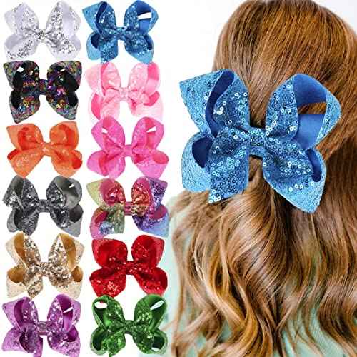 6 Inch Red Sparkly Glitter Sequin Hair Bows for Girls Toddlers Kids Children Teenage (2PCS)