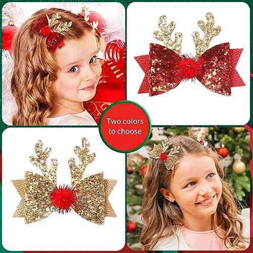Christmas Hair Clips Glitter Christmas Antler Hairpins Cute Christmas Bow Hair Clips Gold Red Christmas Reindeer Antlers Headband Hairpins Elk Bow Hair Accessories for Women Girls Party Costume 4PCS