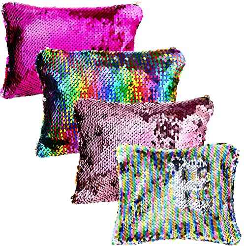 Tatuo 4 Pcs Sequin Makeup Bag Glitter Sequin Purse Rainbow Iridescent Make up Bag Small Reversible Cosmetics Pouch for Women Teacher Graduation Gifts Party Favors