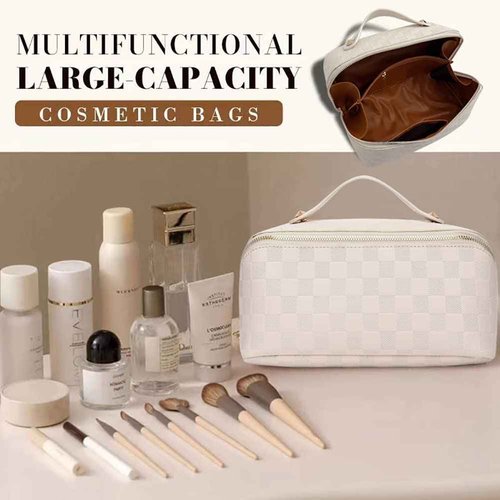 Niumike Large Capacity Travel Cosmetic Bags for Women - PU Leather Small Cute Plaid Checkered Makeup Bag Organizer Waterproof Portable Travel Toiletry Bag (Pink)