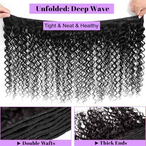 28 Inch Deep Wave Human Hair Bundles 1 Bundles Deep Wave Bundles 100% Unprocessed Brazilian Virgin Hair Curly Bundle Hair Extensions Real Human Hair Wavy Quick Weave Bundle Natural Black