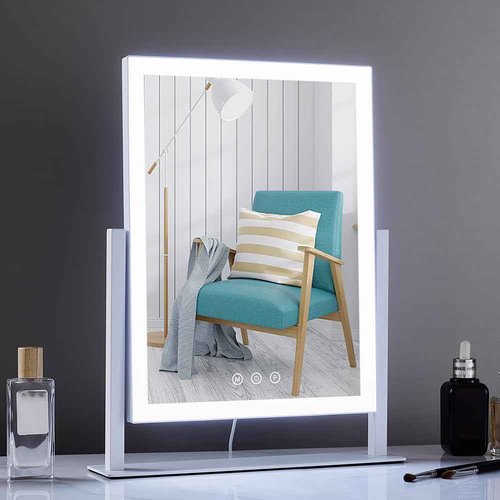 HIEEY Lighted Makeup Mirror, Hollywood Vanity Mirror with Lights, Three Color Lighting Modes, and 5X Magnification Mirror, Smart Touch Control, 360°Rotation (17.3in,White,Gift Box)