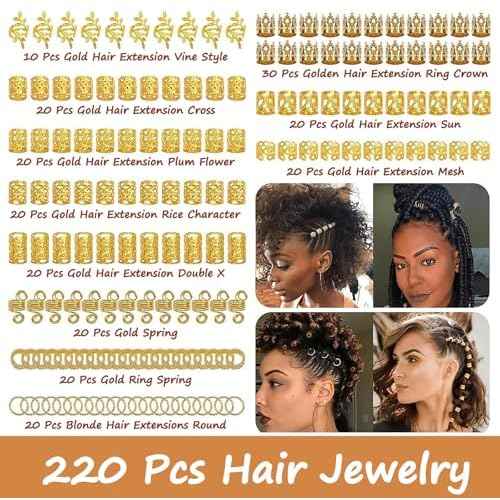 Hair Jewelry, Dreadlock Accessories, Gold Hair Cuffs, Soft Lightweight Braid Accessories, Hair Charms, Sturdy Loc Jewelry, Adjustable Hair Cuffs, Loc Jewels for Black Women, Men (220Pcs-Gold)
