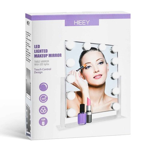 HIEEY Hollywood Makeup Mirror with 12 Dimmable Bulbs Lights, Three Color Lighting Modes, with 4in 20X Magnification Mirror, Smart Touch Control, 360°Rotation (White,Gift Box)