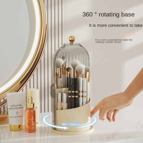Rotating Makeup Brush Holder with Clear Lid – 360° Makeup Brush Organizer for All Brush Sizes, Durable Dustproof Storage Stand with Large Capacity, Easy to Clean, No Assembly (White/Transparent)