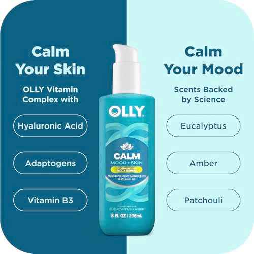 OLLY Calm Body Lotion-Serum with Hyaluronic Acid, Adaptogens & Vitamin B3? Nourishing Cleanser for Skin Barrier Repair, Deep Hydration, Eucalyptus Amber Scent, 8oz
