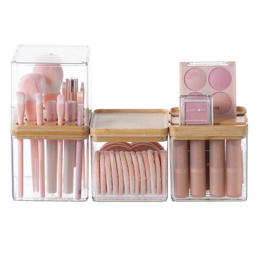 Makeup Brush Holder Comb with Cover Makeup Containers Organizers Set Makeup Holder Box Cosmetic Case With Lid Waterproof Dustproof Beauty Skincare Organizer Bathroom Vanity Countertop,Gift,Clear，3PCS