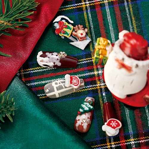 Press On Nails, 10 Pcs, Exclusive for Christmas, Cute 3D Reusable Gel Nails, Thick Acrylic, Custom Made, Long Trapezoid, Stronger, Gifts for Women/Girls (Cute Christmas, M)
