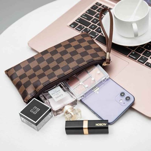 bopomofo Brown Checkered Cosmetic Bag 3 Pack,1 Big Pouch,1 Makeup Brushes Holder, 1 Coin Purse,Portable Travel Makeup Bag Set Lightweight and Waterproof Storage Bag Organizer (Brown Checkered 3 Pcs)
