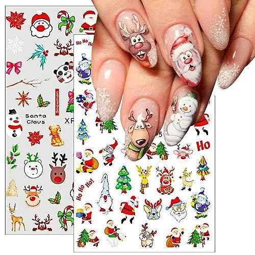 10 Sheets Christmas Nail Art Stickers, 3D Snowflake Nail Decals Cute Cartoon Elk Santa Claus Snowman Penguin Deer Snow Nail Design Xmas Winter Nail Stickers for New Year Holiday Manicure Decoration