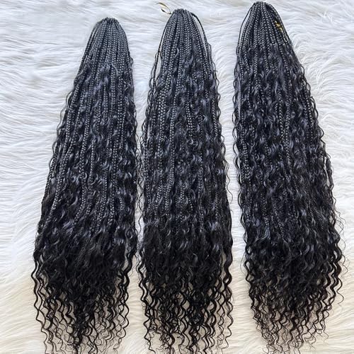 Crochet Boho Box Braids With Human Hair Pre Looped Hair Goddess Box Braids With Human Hair Curly Full Ends Hair Extensions For Women Natural Black Color 18inch 1 Pack(40 Strands)