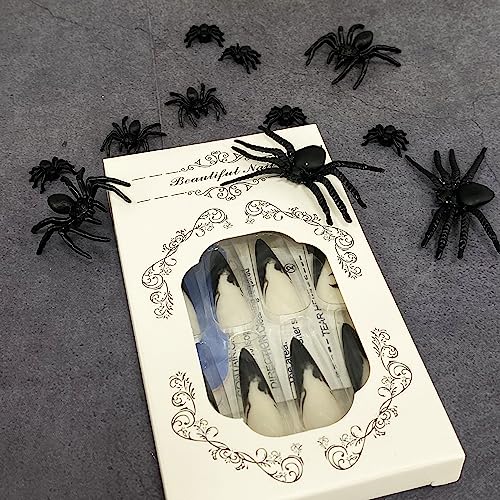 Halloween Press on Nails Stiletto Fake Nails with Night Moon Designs Stick on Nails Full Cover Black Halo Staining Artificial Nails Dark Glossy Glue on Nails for Women Girls 24PCS