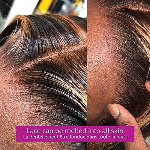Brown Highlights Pre Plucked Lace Frontal Wigs Real Human Hair Wig Natural Hairline with Baby Hair 18 Inch Thicken Colored Ombre Balayage Brazilian Virgin Human Hair Lace Front Wig with Dark Roots