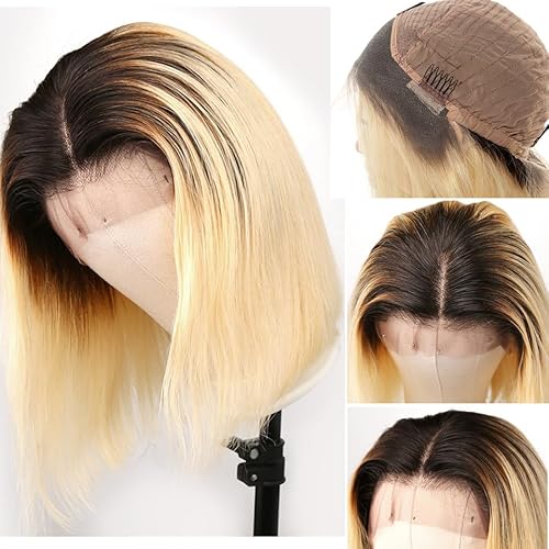 Ombre Blonde Lace Front Wigs Human Hair,13X4 HD Bob Lace Front Wigs 12" 150% Density Ombre 1B/613 2 Tone Straight Human Hair Pre Plucked with Bleached Knots lUnprocessed Virgin Hair for Women