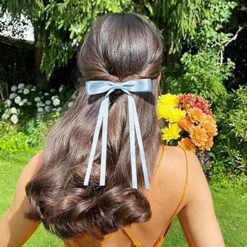 Hair Bows Clips Ribbon Bowknot with Long Tail 6 PCS,Coquette Bow Hair for Girls Sky Blue Hair Bows Barrettes Hair Accessories Cute Hair Accessories for Women and Teens