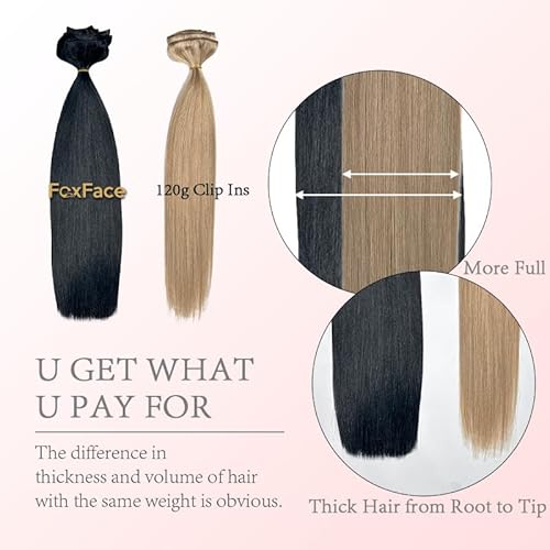FoxFace Clip in Hair Extensions Real Human Hair, Thick Extensions from Root to Tip, Natural Hair Clip Ins, Platinum Blonde, 18 Inch 120g 7Pcs