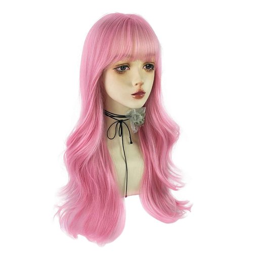 WKLOUYHE Pink Long Wavy Wigs with Bangs for Women - Loose Wavy Synthetic Cosplay Wig for Girl - Colorful Costume Wigs