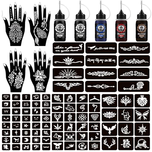 Moricher Henna tattoo kit Temporary Tattoo Kits 5 cones 96 Stencils Gifts for DIY Art Party