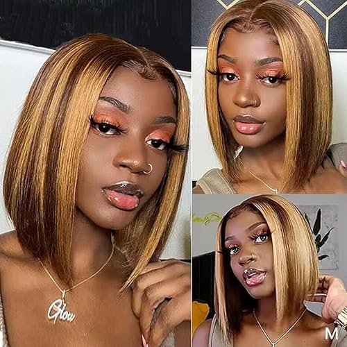 HD Transparent Straight 4/27 Highlight Bob Lace Front Wigs Human Hair Wear and Go Glueless Ombre Honey Blonde Highlight Bob Wig Human Hair Pre Plucked With Baby Hair Short Bob Wigs For Black Women